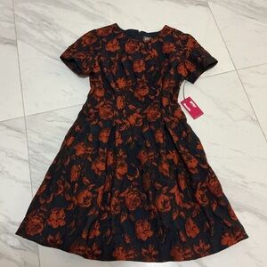 Vince Camuto Navy and Burnt Orange Floral Midi Dress